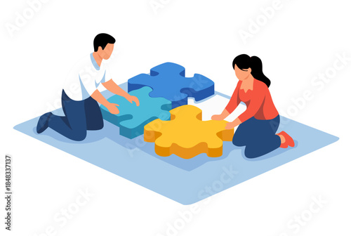 Teamwork and Collaboration Concept with People Assembling Puzzle Pieces