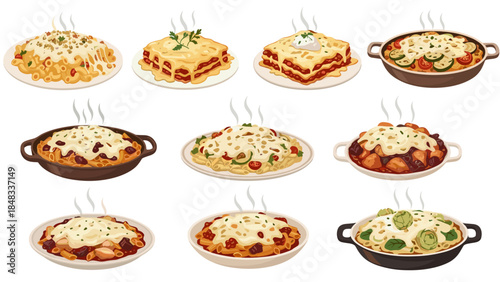 Assorted lasagna dishes plates and in pans