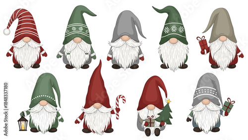 Collection of cartoon gnomes with festive hats