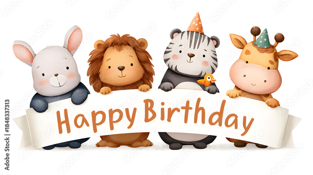 Obraz premium Cute animal characters holding Happy Birthday lettering