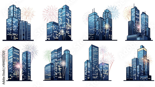 Collection of modern city skylines with fireworks