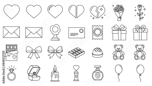 Set of black line icons for love and gift