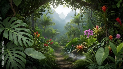 A lush, misty jungle path framed by vibrant tropical flowers and large monstera leaves. Distant jagged mountain peaks rise through the hazy, atmospheric sunlight.