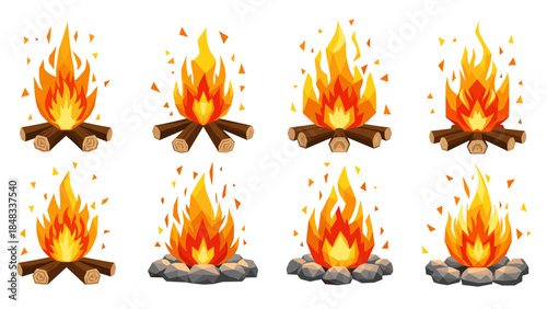 Set of cartoon campfires with flames