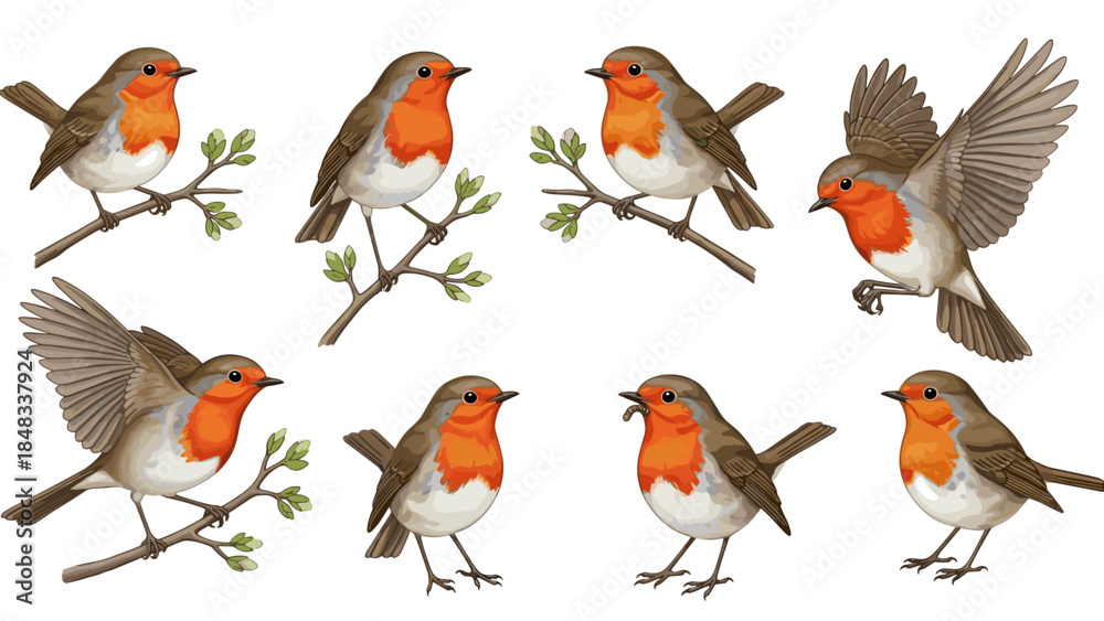 Fototapeta premium Set of seven robins perched branches