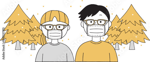 花粉を飛ばす杉の木とメガネとマスクをした男女単色