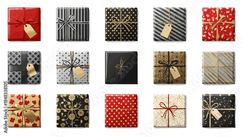 Sixteen gift boxes with various patterns