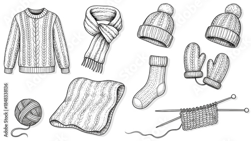 Hand drawn knitted winter clothing and accessories