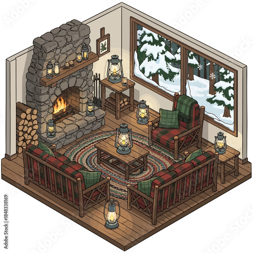 Cozy cabin living room decorated with lanterns and a large stone fireplace with a snowy window view