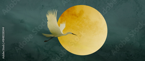 Art background with a moon and a crane on a blue background with a watercolor texture. A natural vector backdrop for decor, wallpaper, posters, textiles, interior design, and packaging.