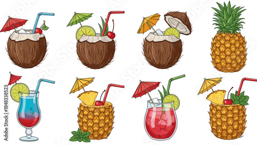 Colorful pineapple and coconut cocktails