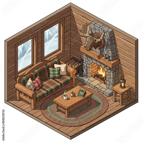 Cozy rustic living room with wood-paneled walls and a roaring fireplace accented by a mounted