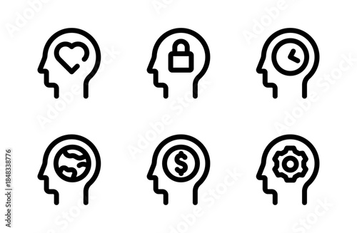 Innovative Head Thinking icon set, creative brain and idea icons for intelligence, problem-solving, and innovation