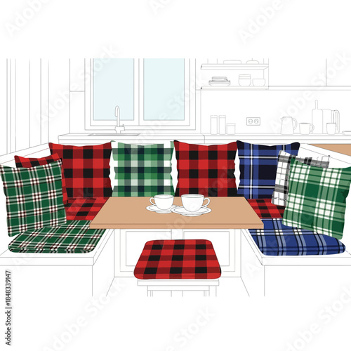 Cozy kitchen nook seating with colorful checkered cushions and wooden table arrangement