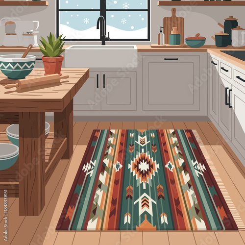 Cozy modern kitchen interior with natural wood accents and colorful geometric rug