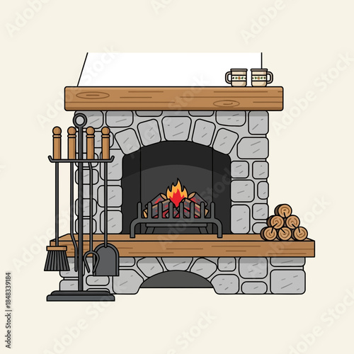 Cozy stone fireplace with firewood and fireplace tools in a warm living room setting