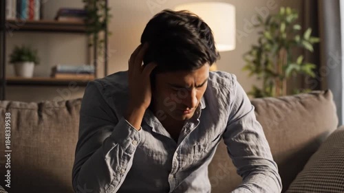 A thoughtful individual is captured in a moment of deep contemplation or distress, seated on a comfortable sofa in a dimly lit, intimate home environment. His hand rests against his forehead, conveyin
