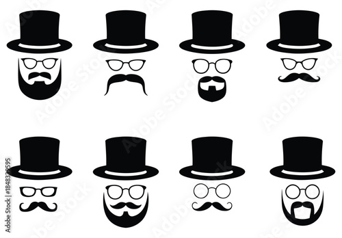Gentleman icons set top hats, beards, mustaches, glasses. set of mustaches and hats