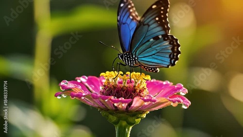A vibrant blue butterfly with striking wing patterns gently rests on a dew-kissed pink flower, its petals adorned with sparkling water droplets. The soft, warm light of a blurred green background enha