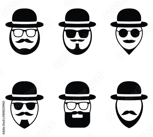 Black and white male avatar icons with hats, beards, and glasses. set of funny cartoon faces