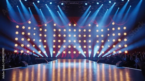 A vibrant, empty stage is dramatically illuminated by an array of powerful blue spotlights that cut through a visible atmosphere, casting long, dynamic light rays. In the background, a grid of warm, c