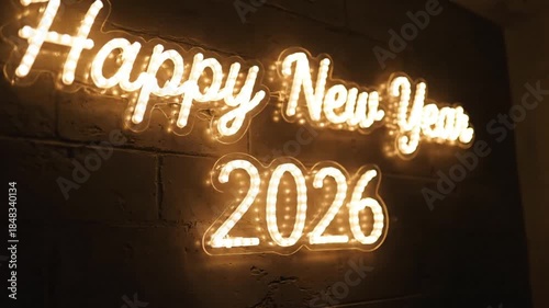 A vibrant, illuminated sign featuring the festive phrase 