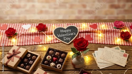 A warm, romantic flat lay showcases a delightful collection of celebratory elements arranged on a rustic wooden table. The scene features an open box of luxurious assorted chocolates, including heart-