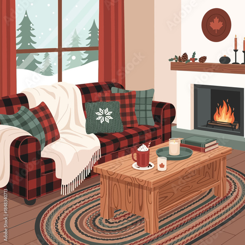 Cozy living room decorated for winter with fireplace, plaid sofa, and festive accents