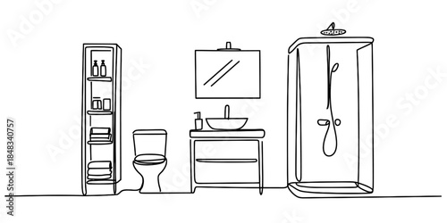 A continuous line drawing illustrating a complete modern bathroom interior with fixtures Vector, illustration