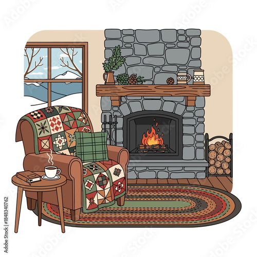 Cozy living room scene with fireplace and winter view through window scene