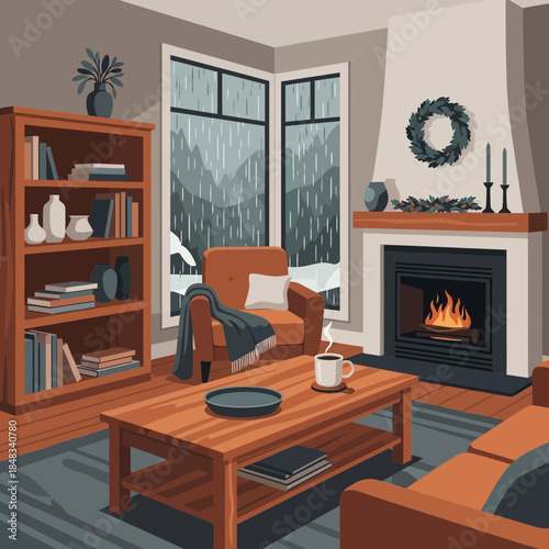 Cozy living room with fireplace and rainy window view creating a warm atmosphere