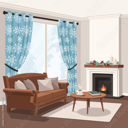 Cozy living room with a warm fireplace, decorated curtains, and a comfortable sofa in a winter scene