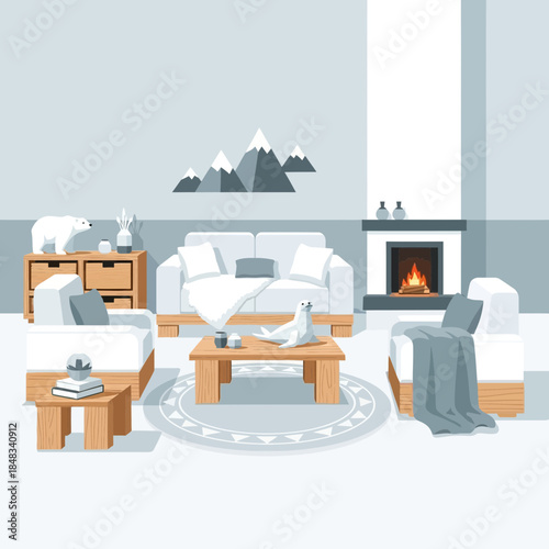 Cozy modern living room decorated with minimalist furniture and a warm fireplace