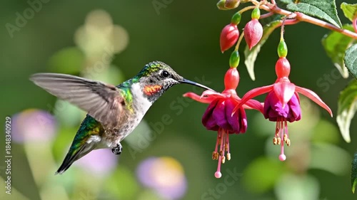An iridescent bird hovers near a vibrant pink flower, its beak seeking nectar. The soft green background highlights this delicate natural interaction, emphasizing wildlife, natural beauty, and the won