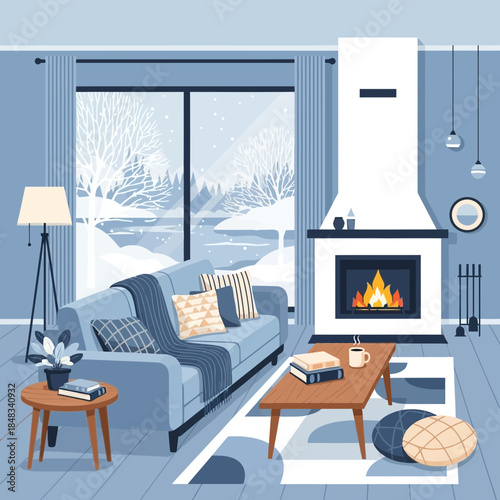 Cozy modern living room with fireplace and large winter window view