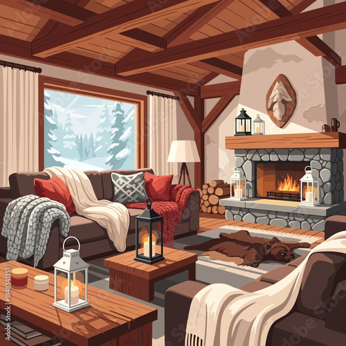 Cozy rustic living room with stone fireplace and wooden beams perfect for relaxing and enjoying