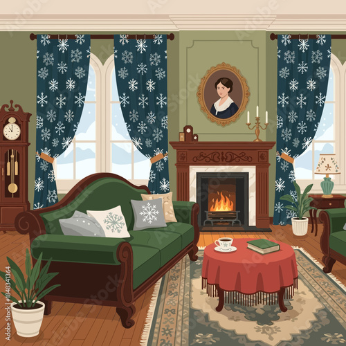 Cozy vintage living room with elegant curtains, fireplace and classic decor creating a warm