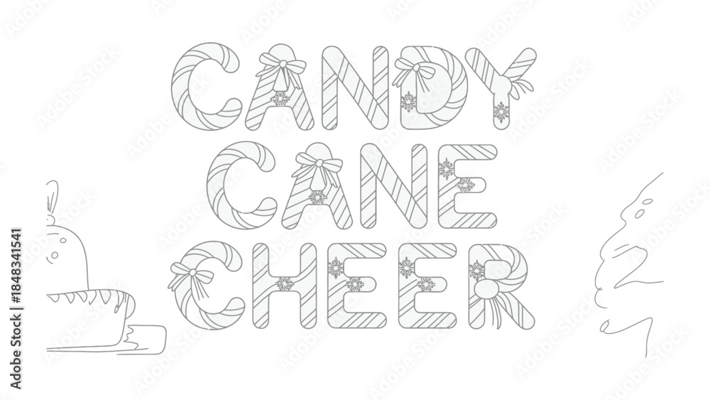 Fototapeta premium Candy Cane Cheer: A festive and whimsical holiday illustration featuring candy cane-themed typography, adorned with bows and snowflakes, evoking the joy and spirit of the holiday season.