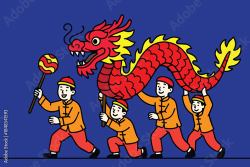 A cute vector illustration shows a group of young people performing a lion dance together, celebrating Lunar culture with joyful expressions, vibrant movement, teamwork, and festive spirit.