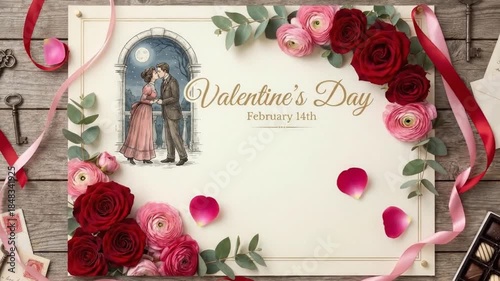 This charming flat lay composition beautifully captures the essence of romance and celebration, perfect for Valentine's Day or other expressions of love. An elegant card centrally features a vintage-s
