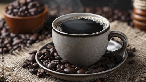 This captivating close-up features a steaming cup of freshly brewed black coffee, elegantly presented on a rustic saucer filled with dark, aromatic roasted coffee beans. The rich, deep liquid in the c