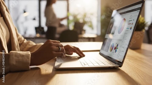 This close-up footage showcases a professional individual diligently working on a modern laptop, meticulously interacting with a vibrant display of data visualizations, colorful pie charts, and detail