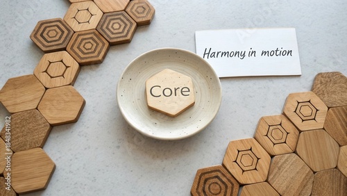 Wooden hexagonal pieces arranged around a central core with a sign stating harmony in motion, perfect for creative concepts and design