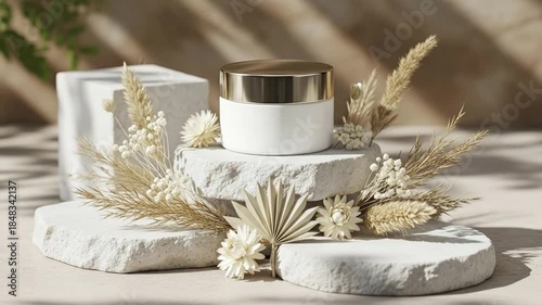 This elegant and minimalist product display features a pristine white cosmetic jar with a gleaming golden lid, artfully positioned on a textured stone pedestal. Surrounded by an arrangement of dried b