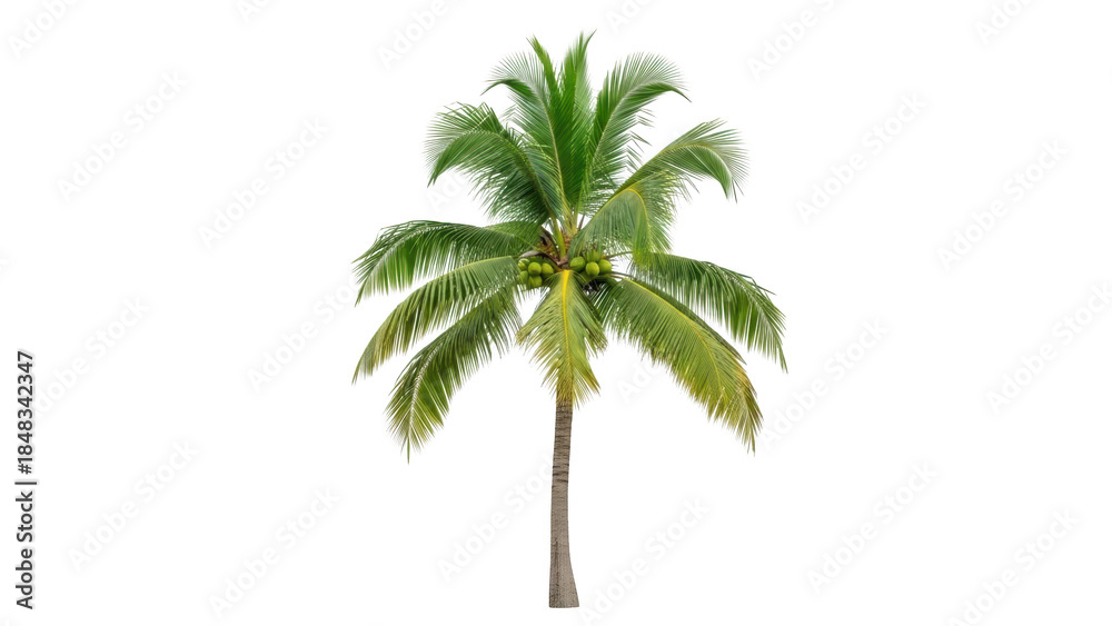 Fototapeta premium A tall coconut palm tree stands isolated against a white background, showcasing its lush green fronds and vibrant coconuts in a serene environment.
