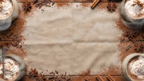 This inviting top-down shot features a cozy arrangement of steaming hot chocolate mugs, adorned with swirls of whipped cream and a dusting of cocoa, resting on a rustic wooden background. The scene is