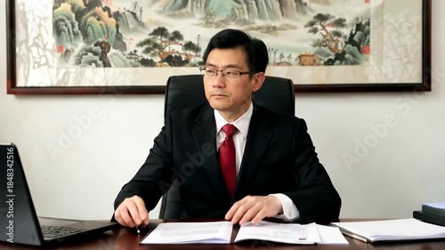 Professional Asian Businessman Working at Desk in Office with Traditional Chinese Painting.
