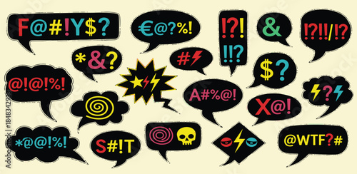 Collection of Speech Bubbles with Expletives and Symbols, Representing Curses and Frustration