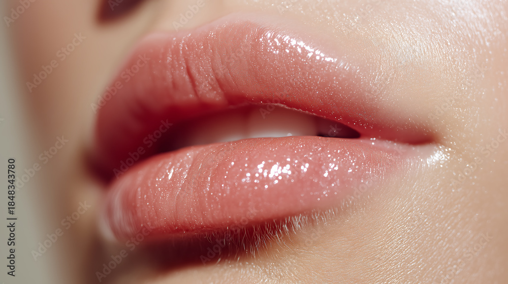 Fototapeta premium Cloud Dancer Beautiful Glossy Pink Lips Macro Close-up with Subtle Sparkle and Healthy Skin Colour of the Year 2026
