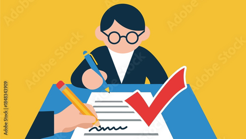 Illustration of two people completing paperwork and signing documents with a large red checkmark indicating approval or task completion.